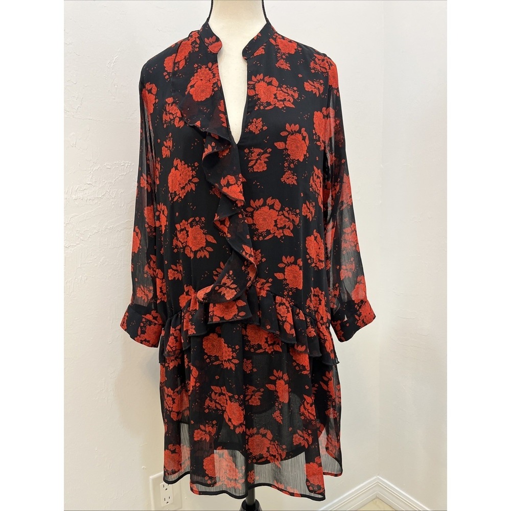 Zara Floral Mini Dress Womens L Black Red Rose Ruffle V-Neck Long Sleeve Good - Picture 2 of 11